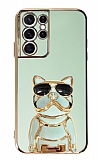 Eiroo Bulldog Samsung Galaxy S21 Ultra Standlı Yeşil Silikon Kılıf