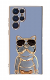 Eiroo Bulldog Samsung Galaxy S22 Ultra 5G Standlı Mavi Silikon Kılıf