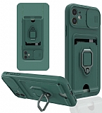 Eiroo Card Magnet iPhone 11 Kartlıklı Yeşil Silikon Kılıf