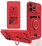 Eiroo Card Magnet iPhone 12 Pro Max 6.7 inç Kartlıklı Kırmızı Silikon Kılıf