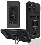 Eiroo Card Magnet iPhone 12 Pro Max 6.7 inç Kartlıklı Siyah Silikon Kılıf