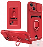 Eiroo Card Magnet iPhone 13 Kartlıklı Kırmızı Silikon Kılıf