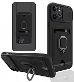 Eiroo Card Magnet iPhone 13 Pro Max Kartlkl Siyah Silikon Klf