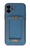 Eiroo Chic Stand iPhone 12 6.1 inç Deri Mavi Rubber Kılıf