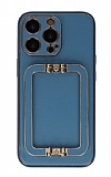 Eiroo Chic Stand iPhone 13 Pro Max Deri Mavi Rubber Kılıf