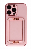 Eiroo Chic Stand iPhone 13 Pro Deri Pembe Rubber Klf