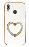 Eiroo Crystal Serisi Huawei P20 Lite Kalpli Gold Taşlı Tutuculu Beyaz Silikon Kılıf