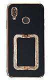Eiroo Crystal Serisi Huawei P20 Lite Kare Gold Taşlı Tutuculu Siyah Silikon Kılıf