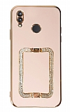 Eiroo Crystal Serisi Huawei P20 Lite Kare Gold Taşlı Tutuculu Pembe Silikon Kılıf