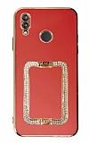 Eiroo Crystal Serisi Huawei P20 Lite Kare Gold Taşlı Tutuculu Kırmızı Silikon Kılıf