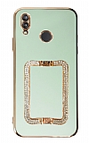 Eiroo Crystal Serisi Huawei P20 Lite Kare Gold Taşlı Tutuculu Yeşil Silikon Kılıf