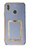 Eiroo Crystal Serisi Huawei P20 Lite Kare Gold Taşlı Tutuculu Mavi Silikon Kılıf
