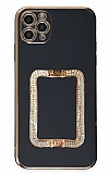 Eiroo Crystal Serisi iPhone 11 Pro Max Kare Gold Taşlı Tutuculu Siyah Silikon Kılıf