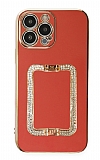 Eiroo Crystal Serisi iPhone 12 Pro Max Kare Gold Taşlı Tutuculu Kırmızı Silikon Kılıf