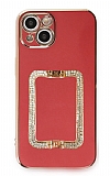 Eiroo Crystal Serisi iPhone 13 Kare Gold Taşlı Tutuculu Kırmızı Silikon Kılıf