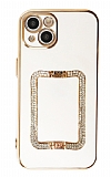 Eiroo Crystal Serisi iPhone 13 Mini Kare Gold Taşlı Tutuculu Beyaz Silikon Kılıf