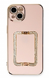 Eiroo Crystal Serisi iPhone 13 Mini Kare Gold Taşlı Tutuculu Pembe Silikon Kılıf