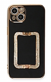 Eiroo Crystal Serisi iPhone 13 Mini Kare Gold Taşlı Tutuculu Siyah Silikon Kılıf