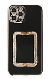 Eiroo Crystal Serisi iPhone 13 Pro Kare Gold Taşlı Tutuculu Siyah Silikon Kılıf