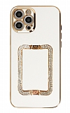 Eiroo Crystal Serisi iPhone 14 Pro Kare Gold Taşlı Tutuculu Beyaz Silikon Kılıf