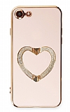 Eiroo Crystal Serisi iPhone 7 / 8 Kalpli Gold Taşlı Tutuculu Pembe Silikon Kılıf