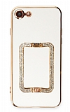 Eiroo Crystal Serisi iPhone 7 / 8 Kare Gold Taşlı Tutuculu Beyaz Silikon Kılıf