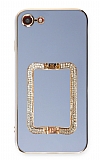 Eiroo Crystal Serisi iPhone 7 / 8 Kare Gold Taşlı Tutuculu Mavi Silikon Kılıf