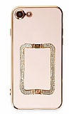 Eiroo Crystal Serisi iPhone 7 / 8 Kare Gold Taşlı Tutuculu Pembe Silikon Kılıf