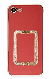 Eiroo Crystal Serisi iPhone 7 / 8 Kare Gold Taşlı Tutuculu Kırmızı Silikon Kılıf