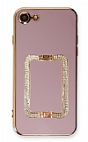 Eiroo Crystal Serisi iPhone 7 / 8 Kare Gold Taşlı Tutuculu Mor Silikon Kılıf
