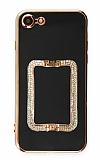 Eiroo Crystal Serisi iPhone 7 / 8 Kare Gold Taşlı Tutuculu Siyah Silikon Kılıf