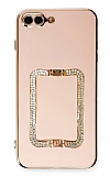 Eiroo Crystal Serisi iPhone 7 Plus / 8 Plus Kare Gold Taşlı Tutuculu Pembe Silikon Kılıf
