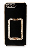 Eiroo Crystal Serisi iPhone 7 Plus / 8 Plus Kare Gold Taşlı Tutuculu Siyah Silikon Kılıf