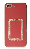 Eiroo Crystal Serisi iPhone 7 Plus / 8 Plus Kare Gold Taşlı Tutuculu Kırmızı Silikon Kılıf