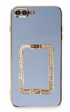 Eiroo Crystal Serisi iPhone 7 Plus / 8 Plus Kare Gold Taşlı Tutuculu Mavi Silikon Kılıf