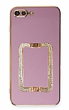 Eiroo Crystal Serisi iPhone 7 Plus / 8 Plus Kare Gold Taşlı Tutuculu Mor Silikon Kılıf