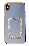 Eiroo Crystal Serisi iPhone X / XS Kare Gold Taşlı Tutuculu Mavi Silikon Kılıf