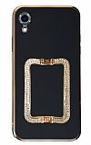 Eiroo Crystal Serisi iPhone XR Kare Gold Taşlı Tutuculu Siyah Silikon Kılıf