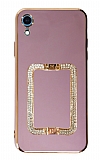 Eiroo Crystal Serisi iPhone XR Kare Gold Taşlı Tutuculu Mor Silikon Kılıf