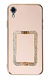 Eiroo Crystal Serisi iPhone XR Kare Gold Taşlı Tutuculu Pembe Silikon Kılıf