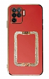 Eiroo Crystal Serisi Oppo Reno5 F Kare Gold Taşlı Tutuculu Kırmızı Silikon Kılıf