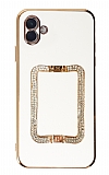 Eiroo Crystal Serisi Samsung Galaxy A04e Kare Gold Taşlı Tutuculu Beyaz Silikon Kılıf