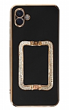 Eiroo Crystal Serisi Samsung Galaxy A04e Kare Gold Taşlı Tutuculu Siyah Silikon Kılıf