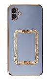 Eiroo Crystal Serisi Samsung Galaxy A04e Kare Gold Taşlı Tutuculu Mavi Silikon Kılıf
