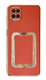 Eiroo Crystal Serisi Samsung Galaxy A12 Kare Gold Taşlı Tutuculu Kırmızı Silikon Kılıf