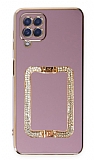 Eiroo Crystal Serisi Samsung Galaxy A12 Kare Gold Taşlı Tutuculu Mor Silikon Kılıf