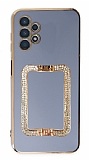 Eiroo Crystal Serisi Samsung Galaxy A13 Kare Gold Taşlı Tutuculu Mavi Silikon Kılıf