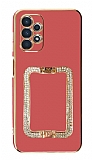 Eiroo Crystal Serisi Samsung Galaxy A13 Kare Gold Taşlı Tutuculu Kırmızı Silikon Kılıf