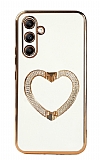 Eiroo Crystal Serisi Samsung Galaxy A14 4G gold kalp Taşlı Tutuculu Beyaz Silikon Kılıf