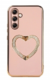 Eiroo Crystal Serisi Samsung Galaxy A14 4G gold kalp Taşlı Tutuculu Pembe Silikon Kılıf
